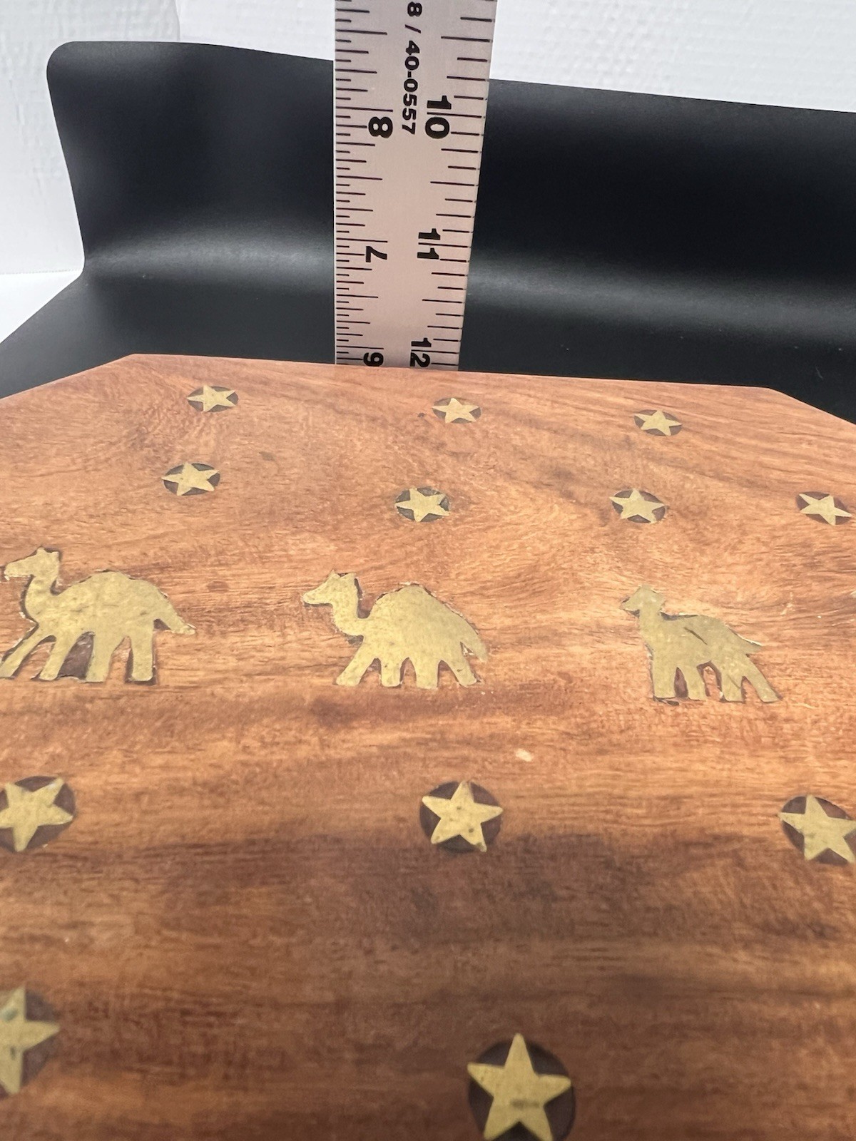 Sahara Caravan Wooden Inlaid Cigar Box Brass Elephants Hinge Top w/ Clasp