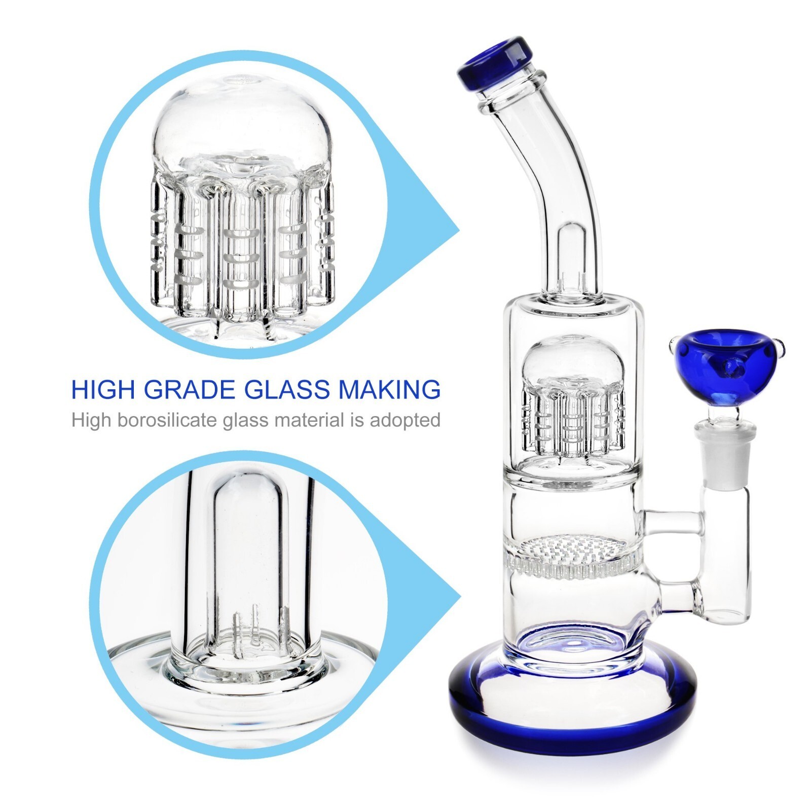 10″ Glass Bong – with 14mm bowl Blue Thick Borosilicate Water Pipe Hookah US