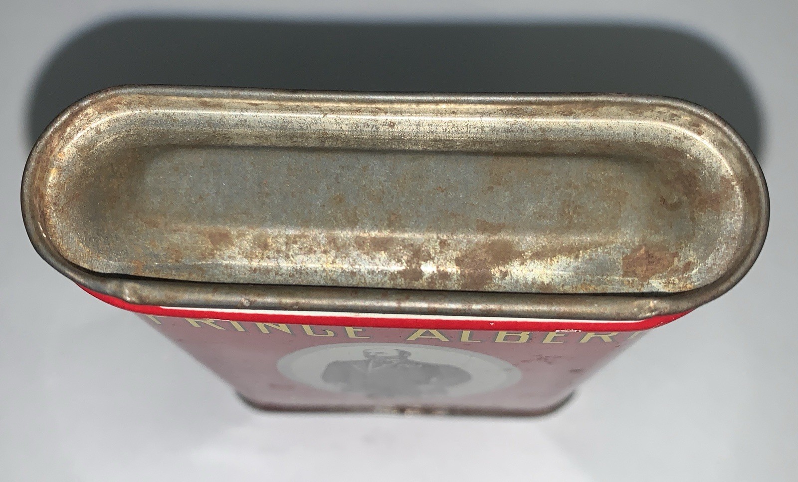 Vintage Prince Albert Crimp Cut Tobacco Tin Pocket Can Empty Litho Red 4 1/2”