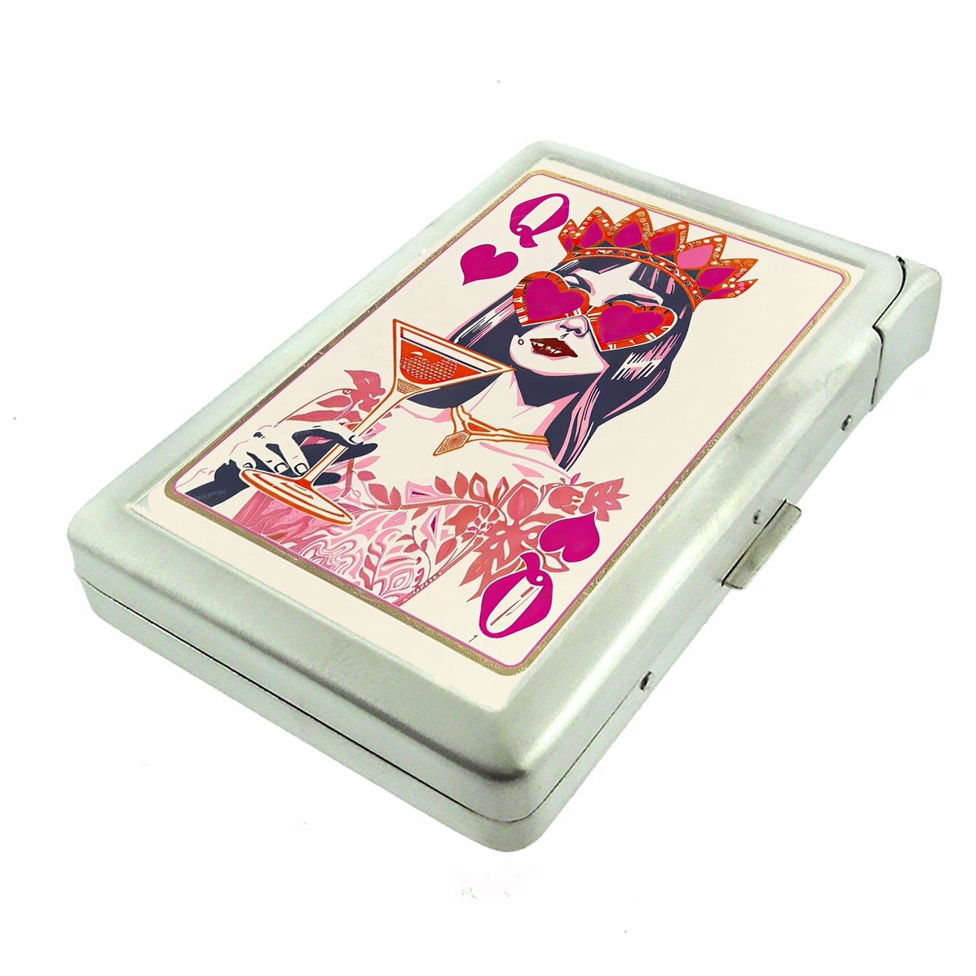 Queen of Hearts S2 100’s Size Cigarette Case w/Built in Lighter Metal Wallet