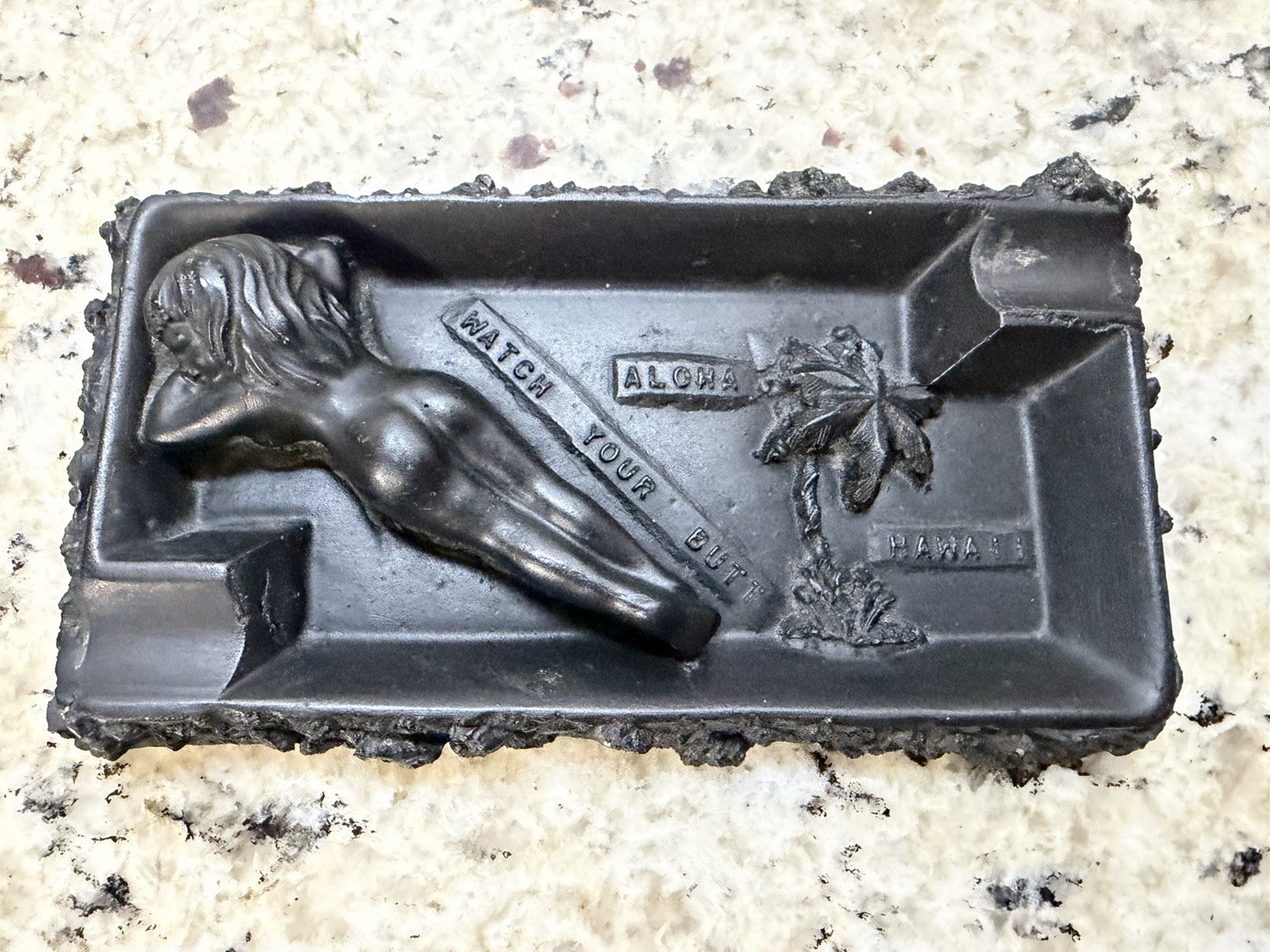 HAWAIIAN HAWAII Black Vintage Lava Ashtray ~ Watch your Butt Woman Sunbather