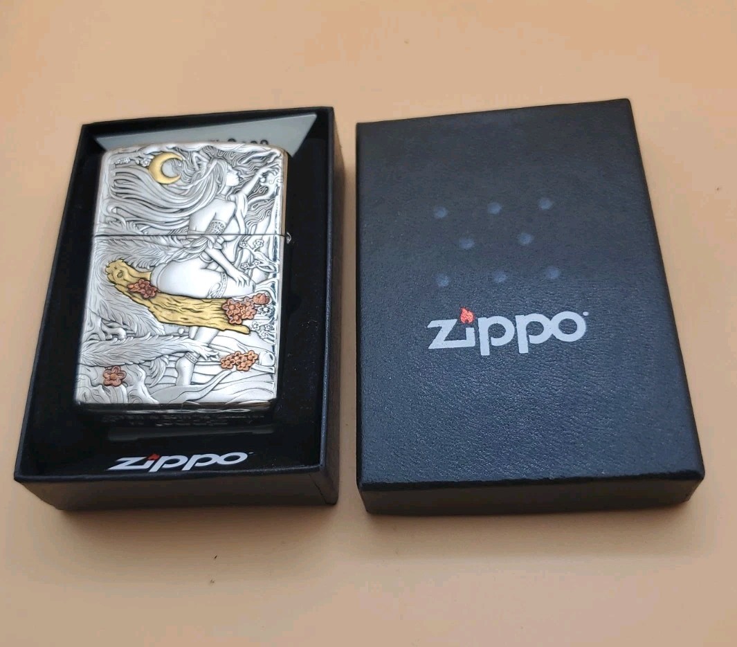 Zippo Lighter With A Double Sided Engraved Tri ColorSexy Lady Polished Chrome