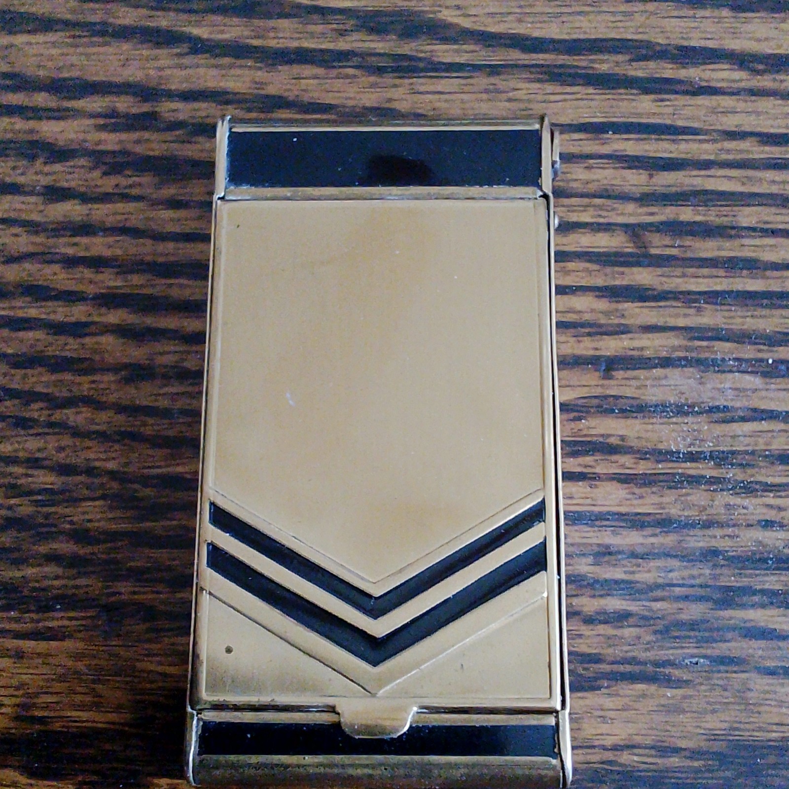 Vintage Metal Powder compact w/rouge & Lipstick, Gold Tone Black Chevron, Pouch