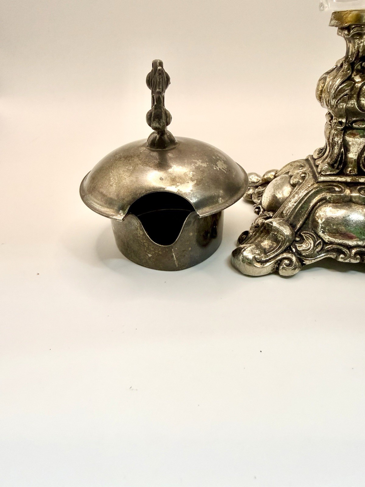 Ornate Crystal Tabletop Lighter w/ Brass Base & Snuffer Cap Marked L & L 8305