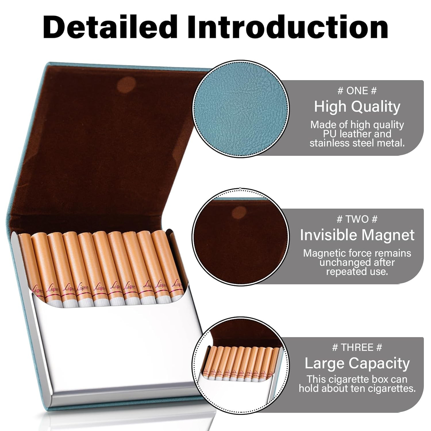 Portable Slim Leather Cigarette Case with Magnetic, Metal Cigarette Carrying Box