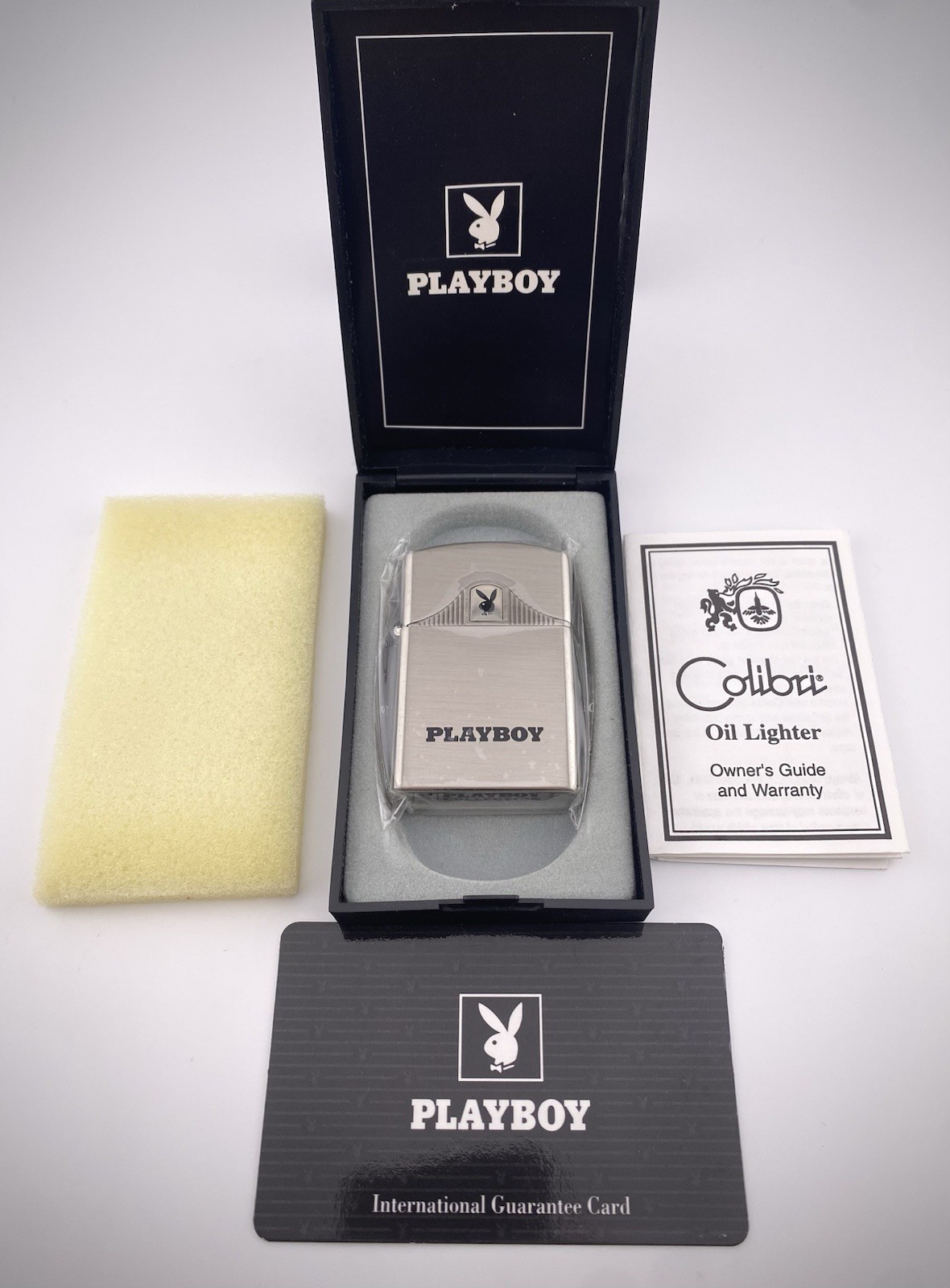 Vintage 1969 COLIBRI/PLAYBOY CLUB Oil Lighter w/Box,sleeve,paperwork N.O.S
