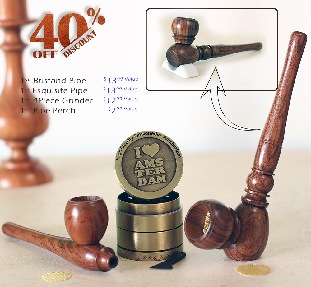 (2 pipes & Grndr) Premium Wood Hand Carved Smoking Pipes & Metal 4pt Grinder HE2