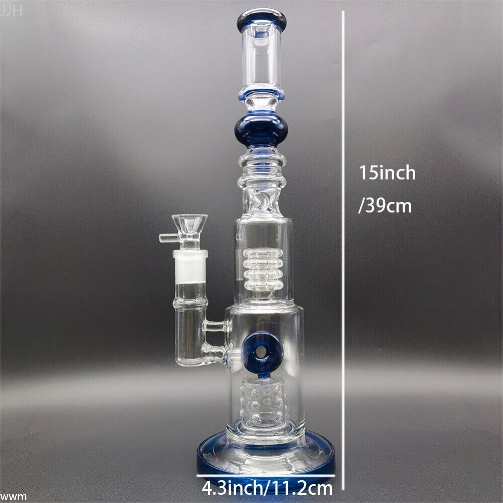 US 15″ Heavy Smoking Glass Bong Two Perc Big Hookah Blue Glass Water Pipe +Bowl