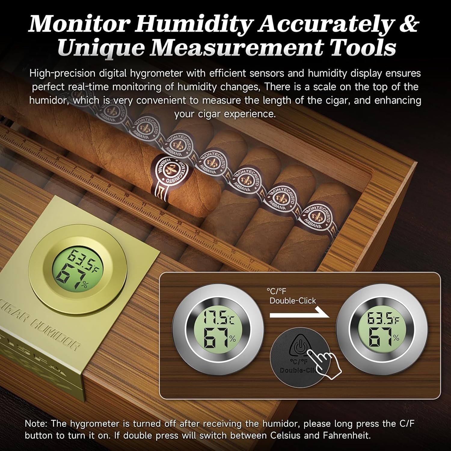 Cigar Box Handcrafted Humidor with Hygrometer and Humidifier, Cedar Wooden