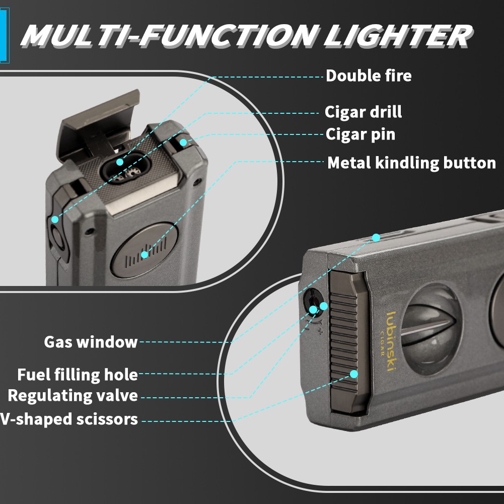 Lubinski Torch Cigar Lighter V-cut 2 Jet Flame Butane Cigar Punch Holder Needle