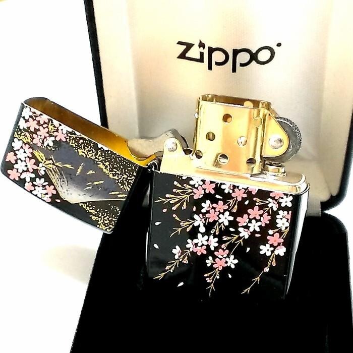 Zippo Mt. Fuji Sakura Makie Lacquer Gold Inside Unit Black Lighter Velor Japan