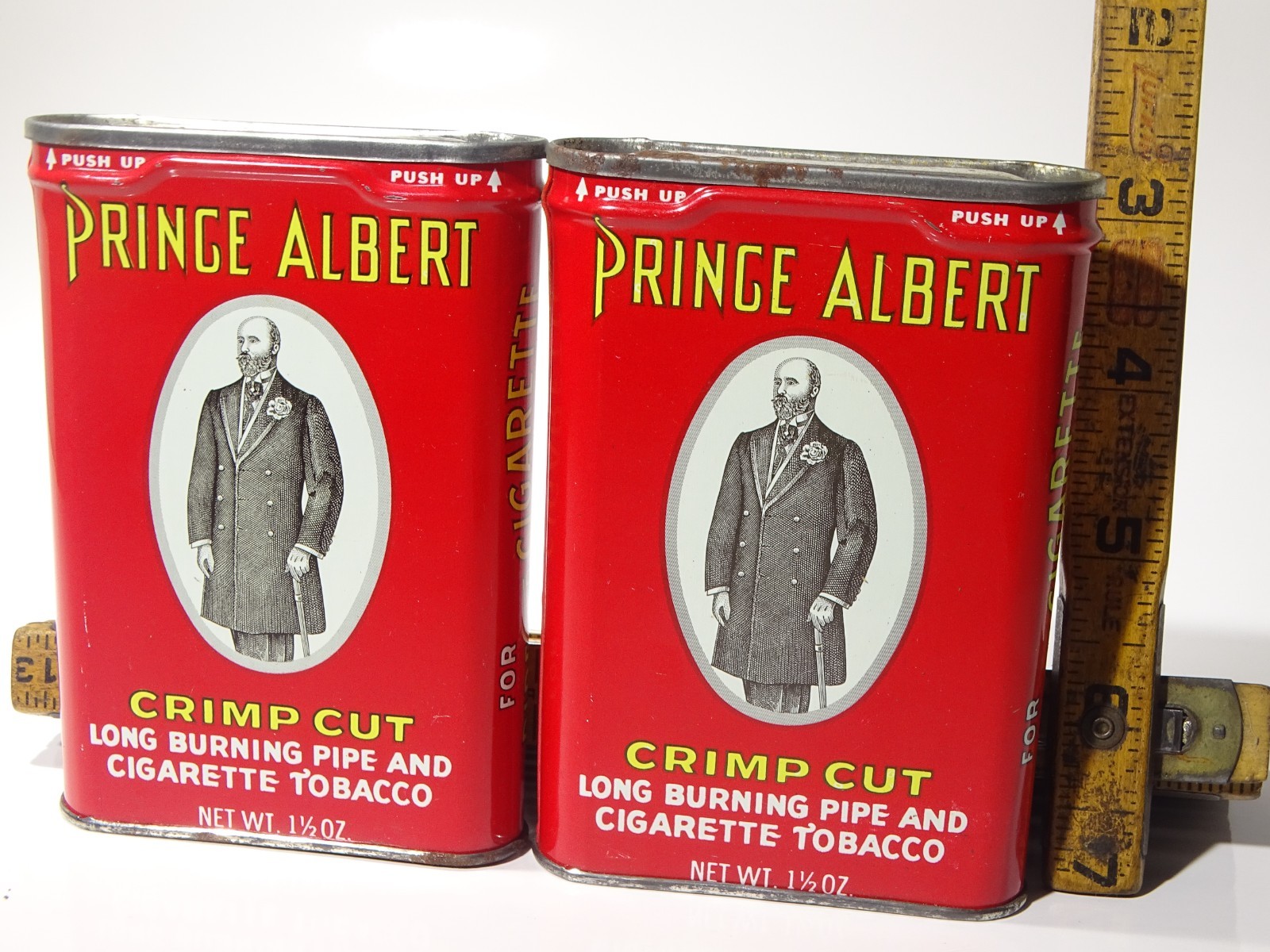 💥Two Vintage Prince Albert Crimp Cut Pipe & Cigarette Tobacco Empty TINS ~USED