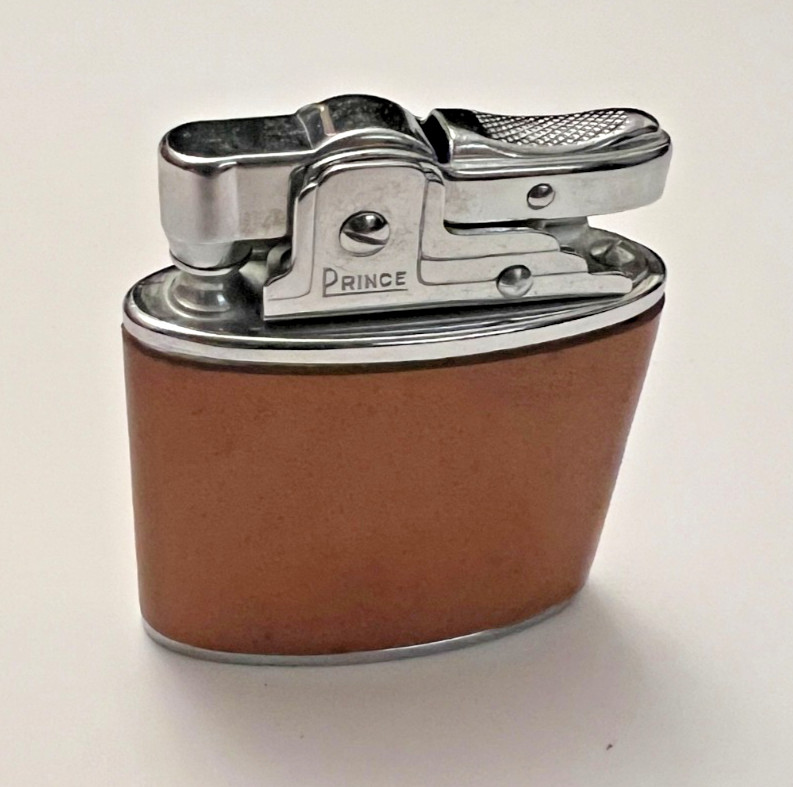 Vtg Prince Mfg Co Automatic Super Lighter Cigarette Chrome Tan Leather Wrapped