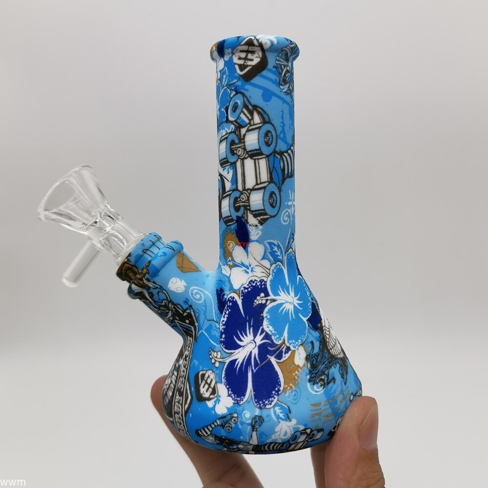 4.7 Inch Silicone Hookah Smoking Water Pipe Bule Printed Bong W/ 14mm Glass Bowl