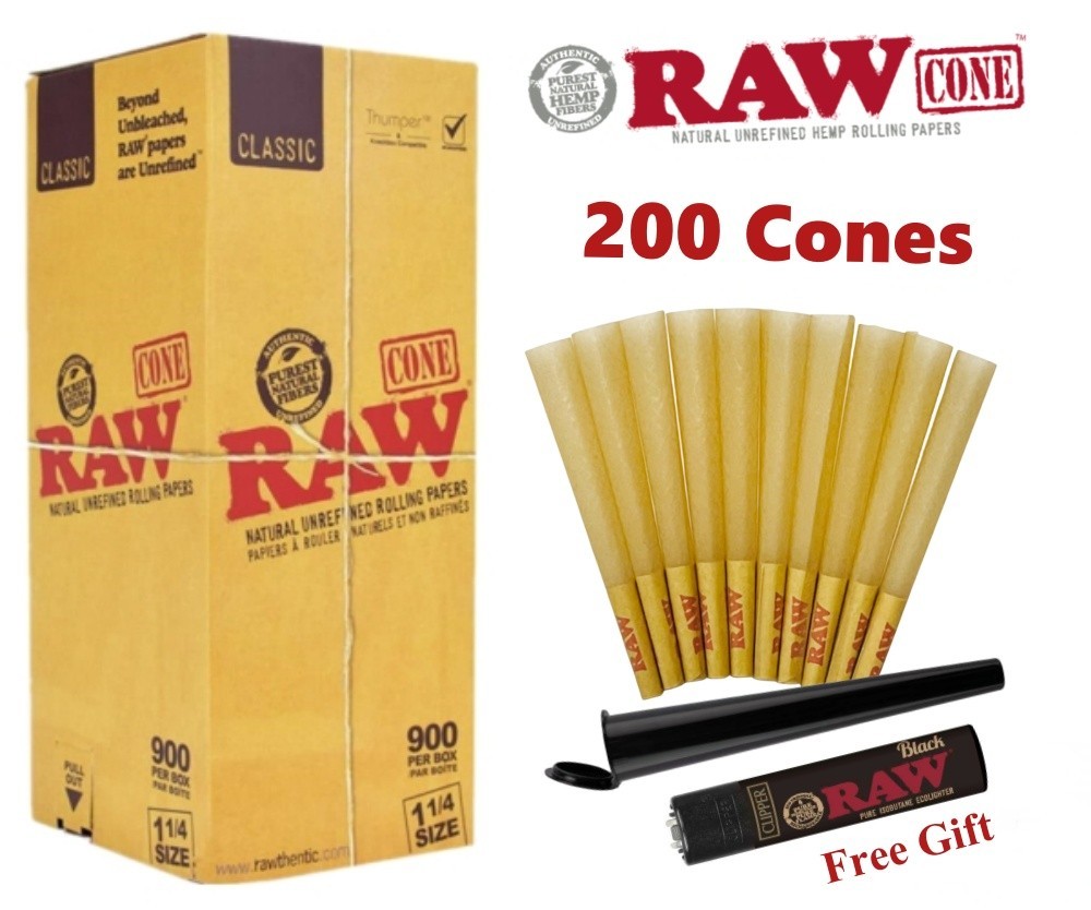 Authentic RAW Classic 1 1/4 Size Pre-Rolled Cones 200 Pack 🌟 Tube 🌟 Lighter