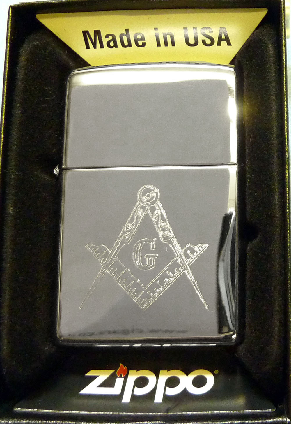 Polished Chrome Zippo Lighter with Masonic Logo – With Free Engraving