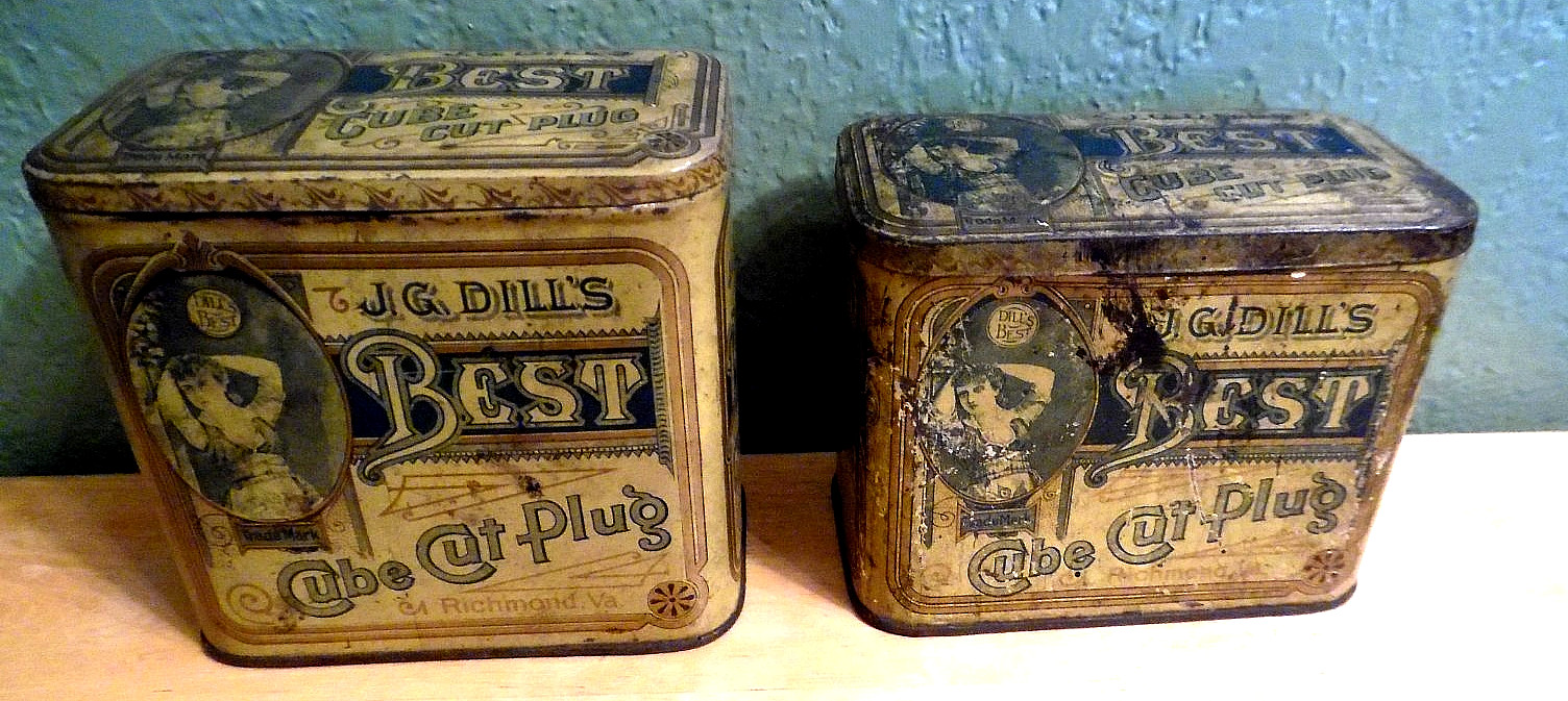 2 VINTAGE J.G. DILLS BEST CUBE CUT PLUG TOBACCO TINS W/HINGED TOPS 2 SIZES
