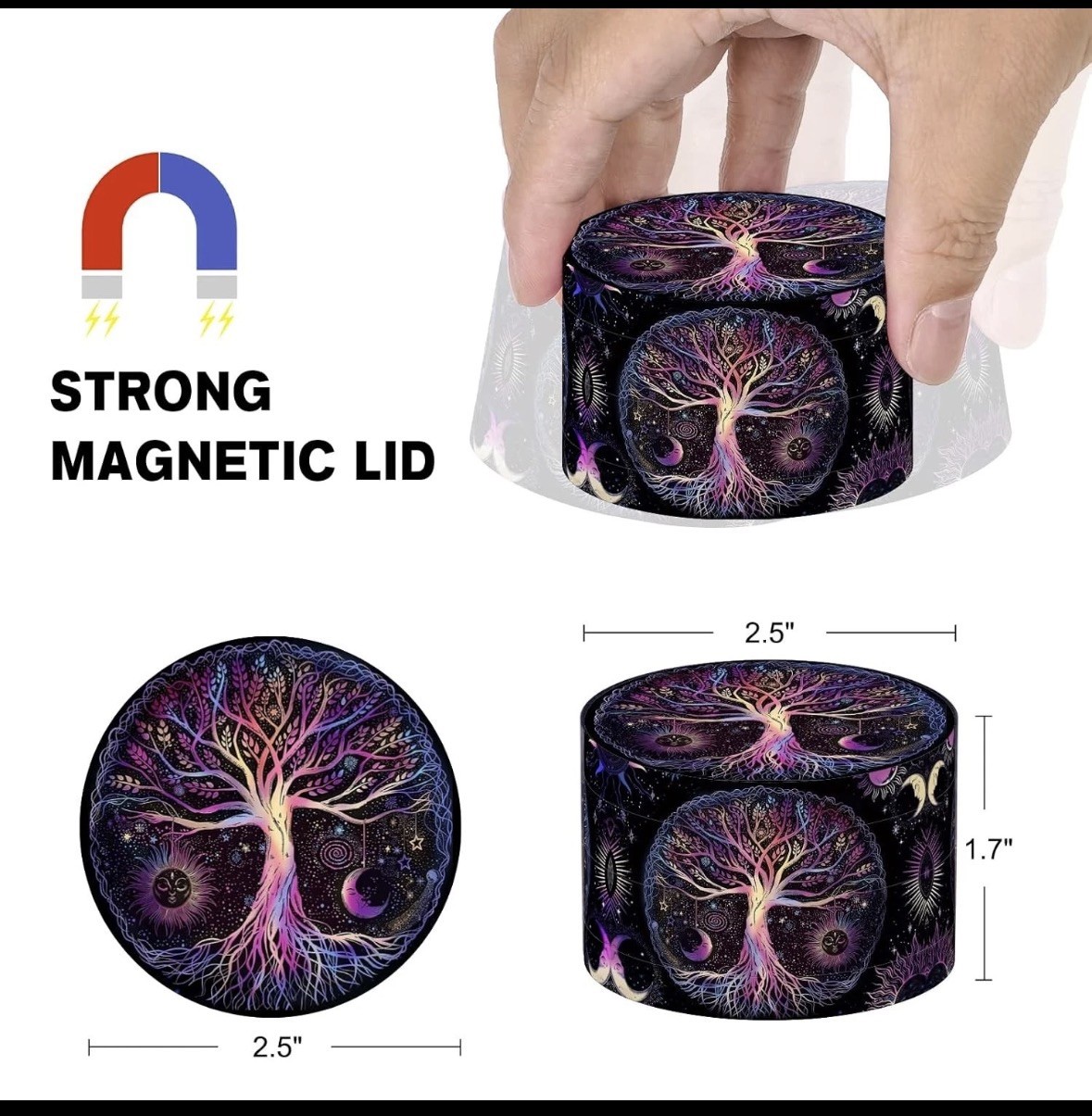 Herb Grinder 4-Piece 2.5 inch Large Metal Tobacco Crusher Colorful Magnetic TREE