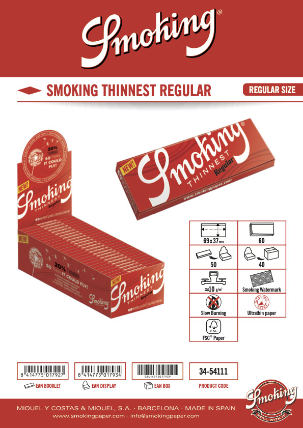 Smoking Thinnest Rolling Papers Regular Single Wide (69mm) Size (Box of 50)
