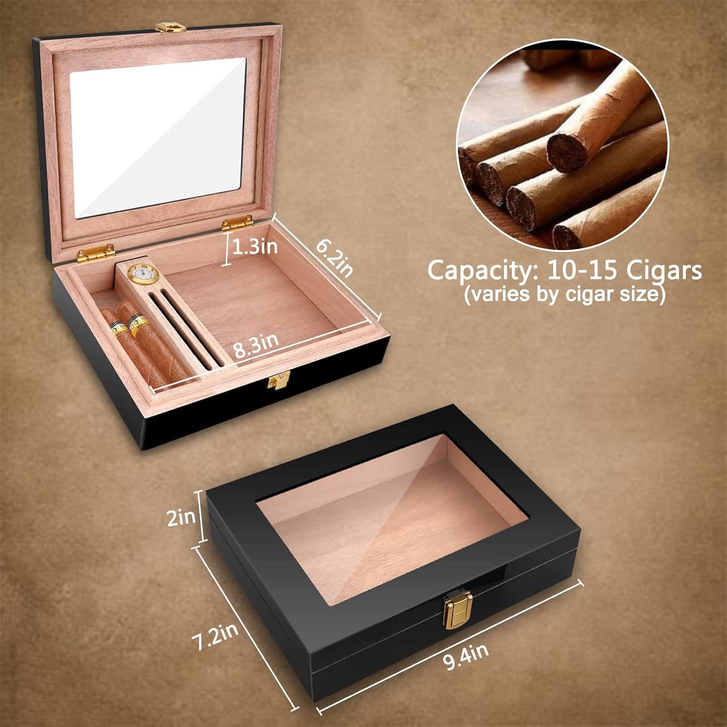 Cigar Humidor in High Gloss Black for 10-15 Cigars, Luxury Hygrometer Included