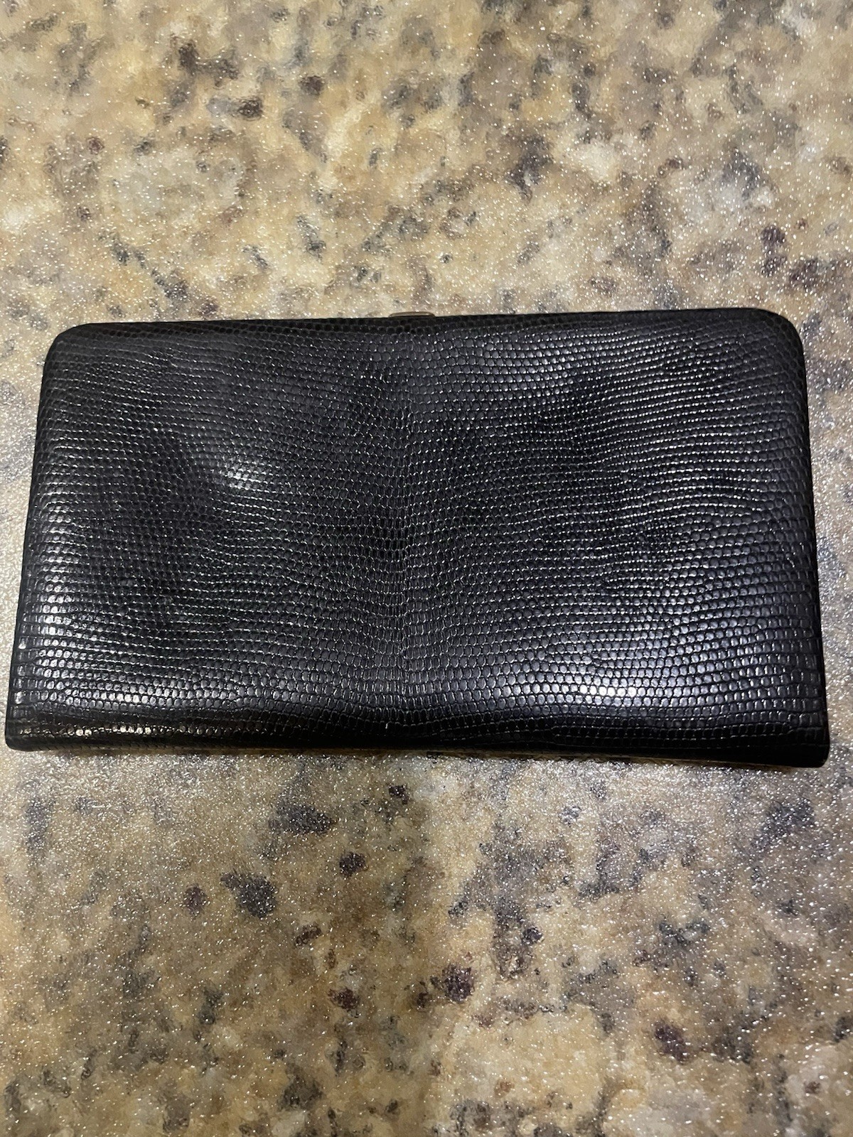 Vintage Mark Cross France Black Lizard Skin Hard Case Wallet Monogram DBS Gold