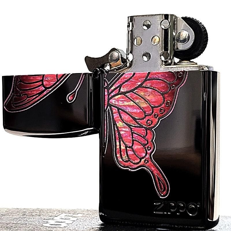 Zippo Pink Butterfly Shell Black Etching 2 Sided Processing Lighter Slim Japan