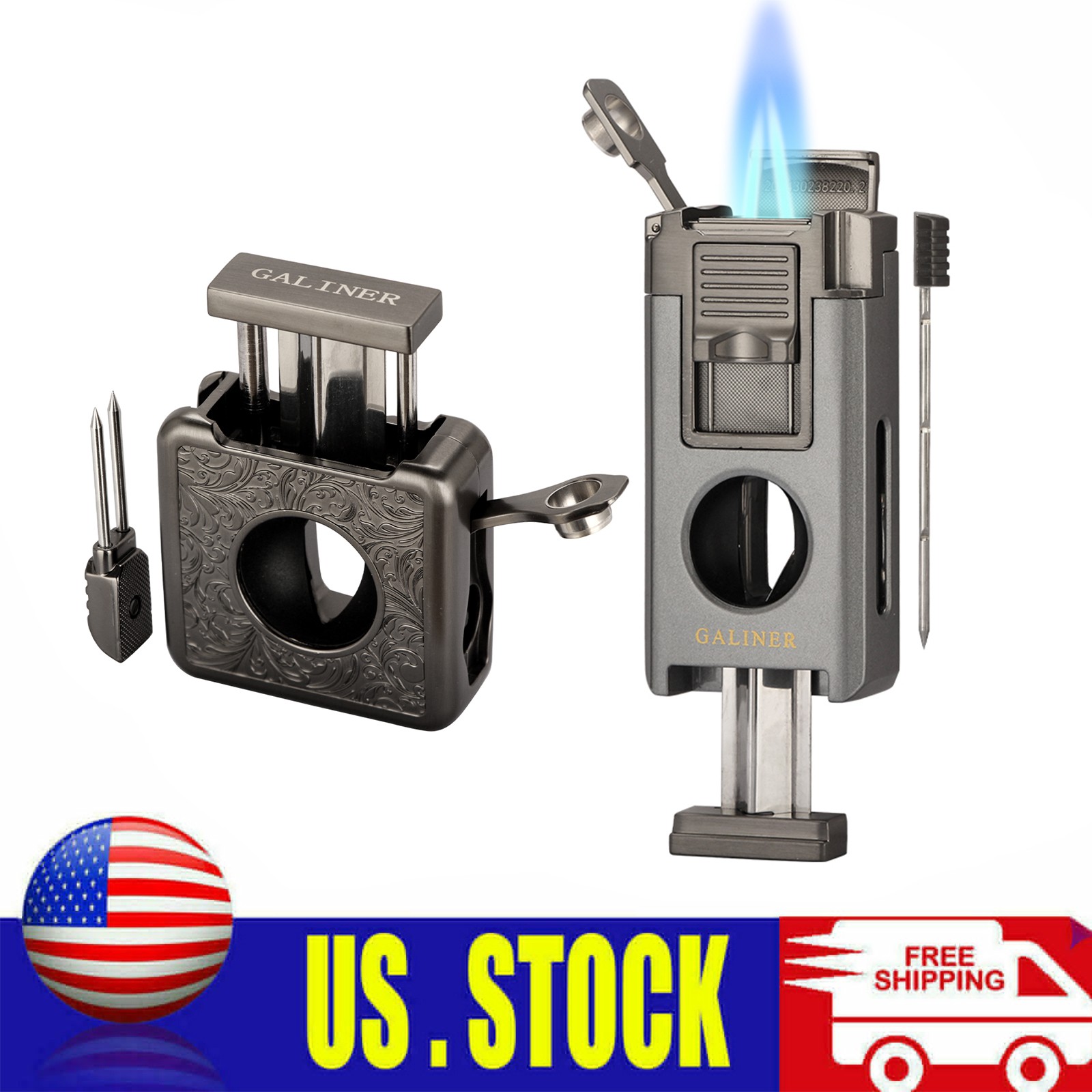 Galiner Cigar V-Cutter Scissors Punch Holder Needle Portable Torch Lighter Flame