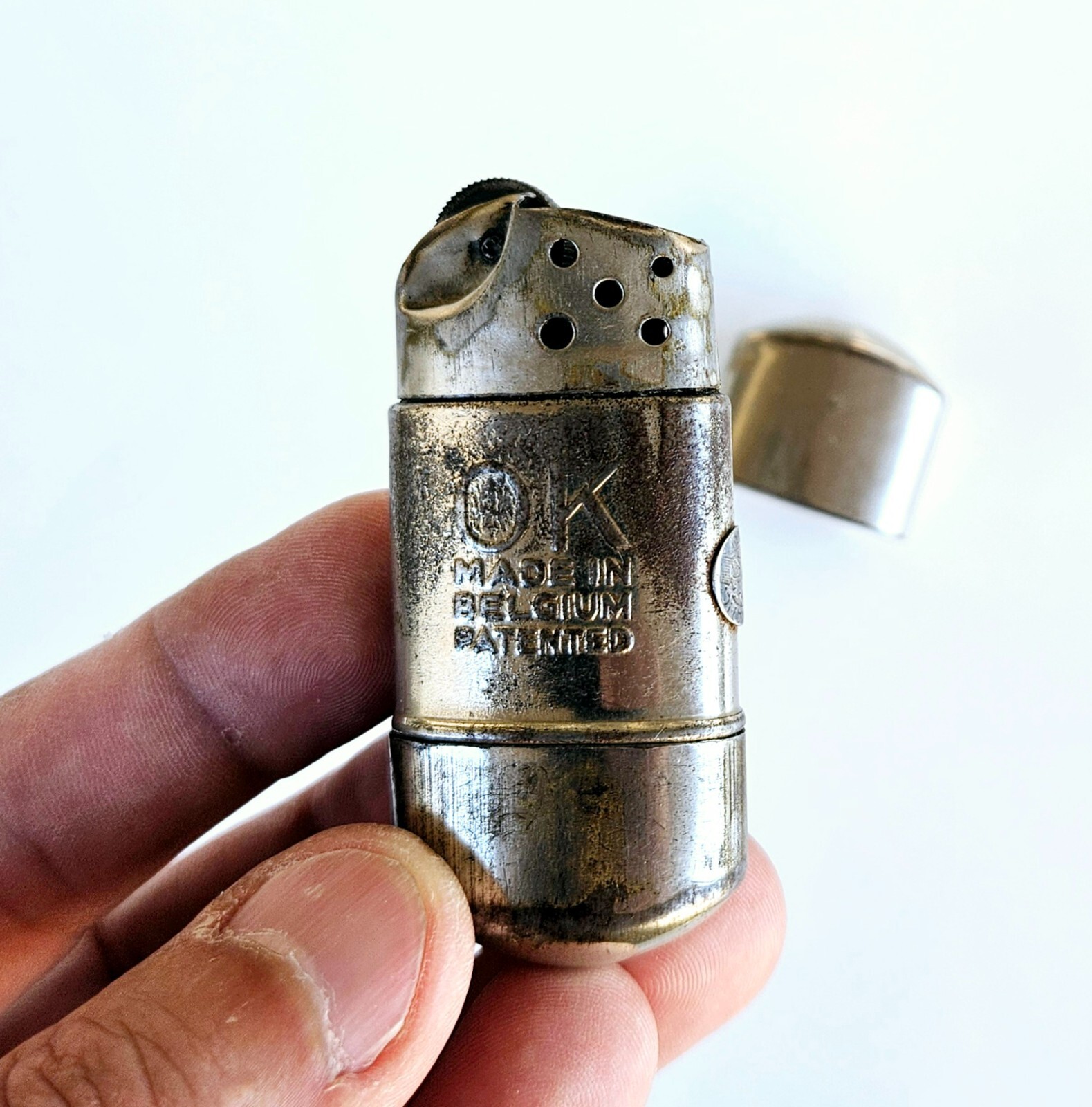 Antique 1930s OK Trench Art Lighter Ministry of Finance Belgium Sterling Logo