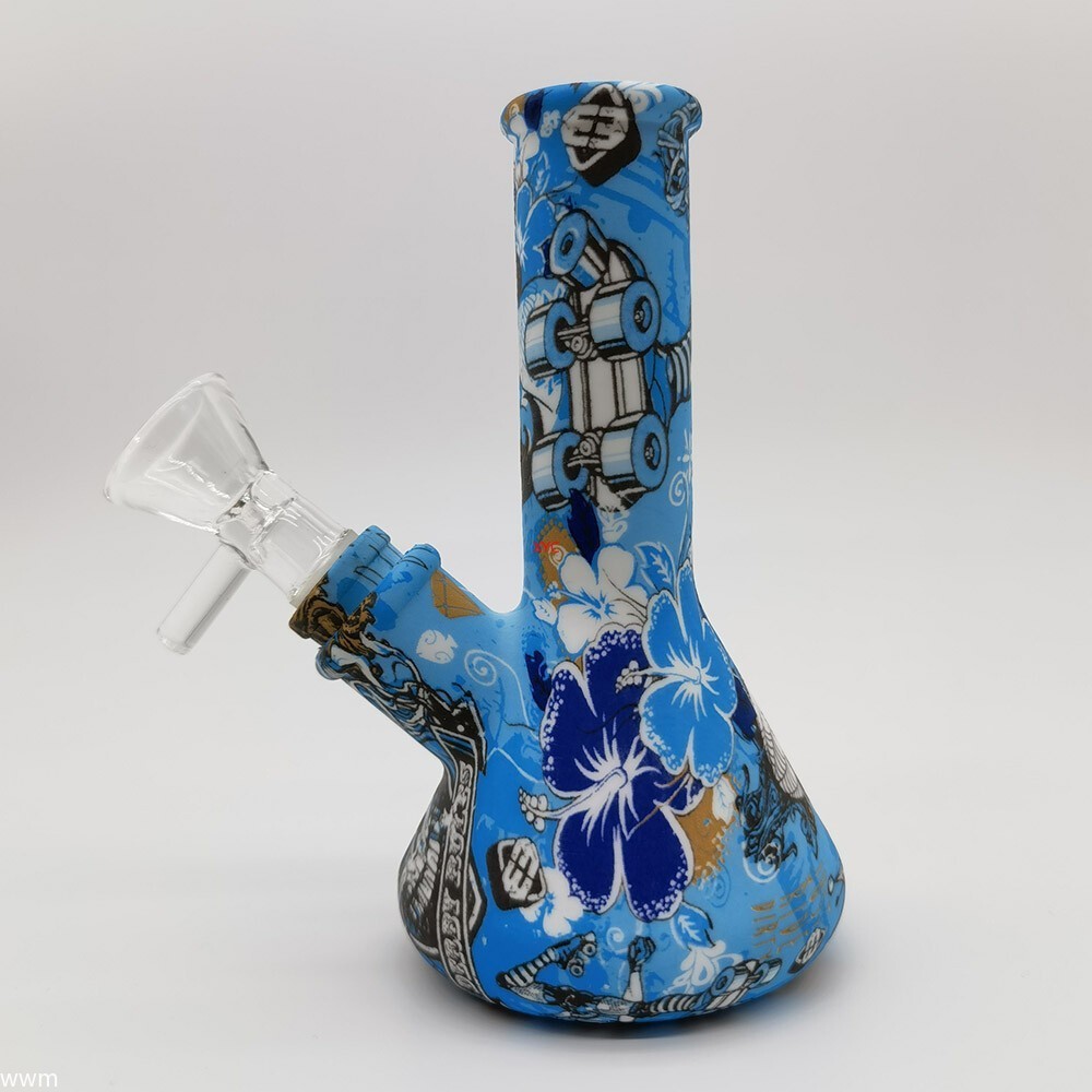 4.7 Inch Silicone Hookah Smoking Water Pipe Bule Printed Bong W/ 14mm Glass Bowl