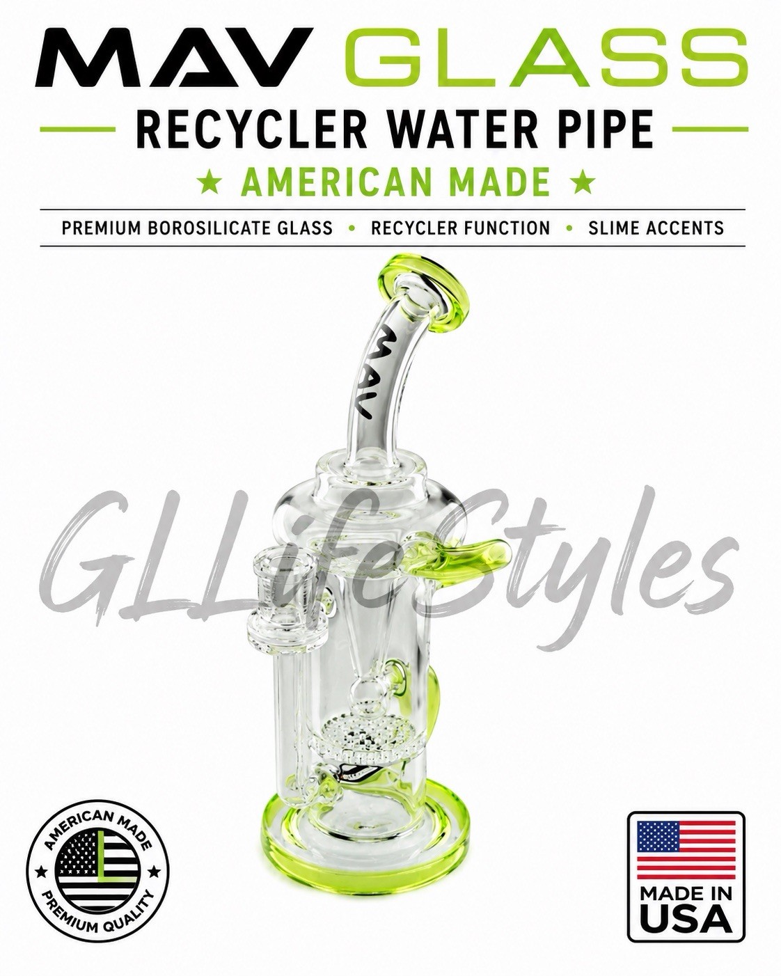 MAV GLASS Sonoma Water Pipe, BUBBLER, RECYCLER, USA MADE, CLEAR W/OOZE ACCENTS