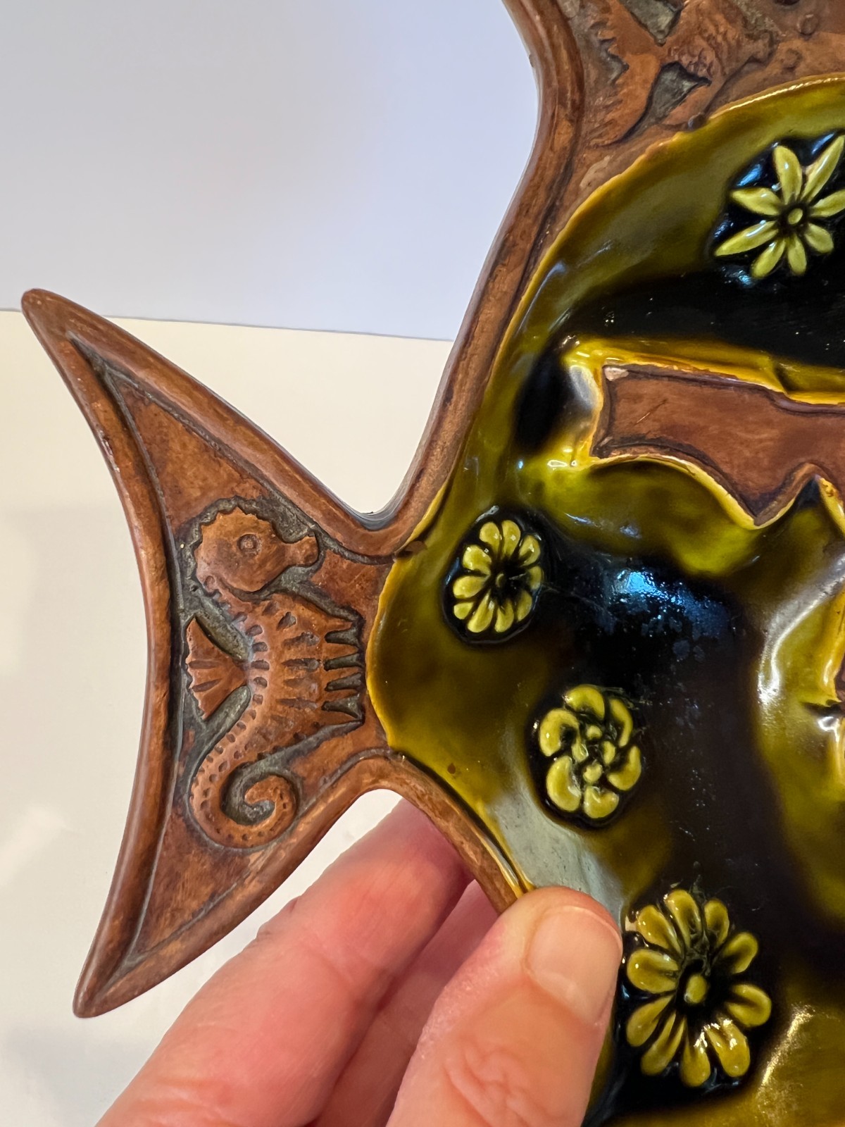 1962 Treasure Craft Ceramic Green Glaze Fish Trinket Dish Ashtray Florida Vtg