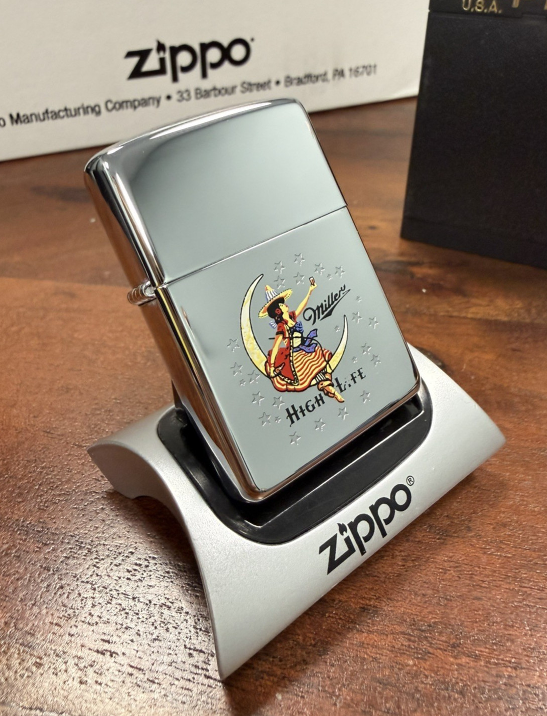 GENUINE Zippo Lighter MILLER HIGH LIFE LADY ON MOON Polished Chrome 1996 NEW
