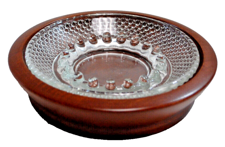 Princess House Wood Base Ashtray with Glass Insert Never Used in Box Vtg. T1649