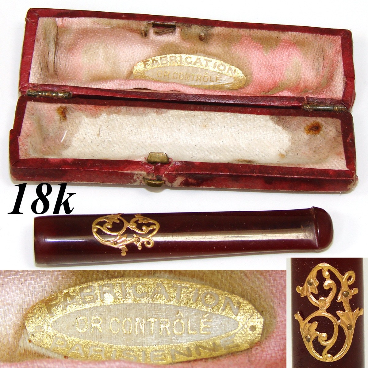 Antique French ‘Parisienne’ 18k Gold & Amber Cigar Holder in Case, 2 5/8″ Long