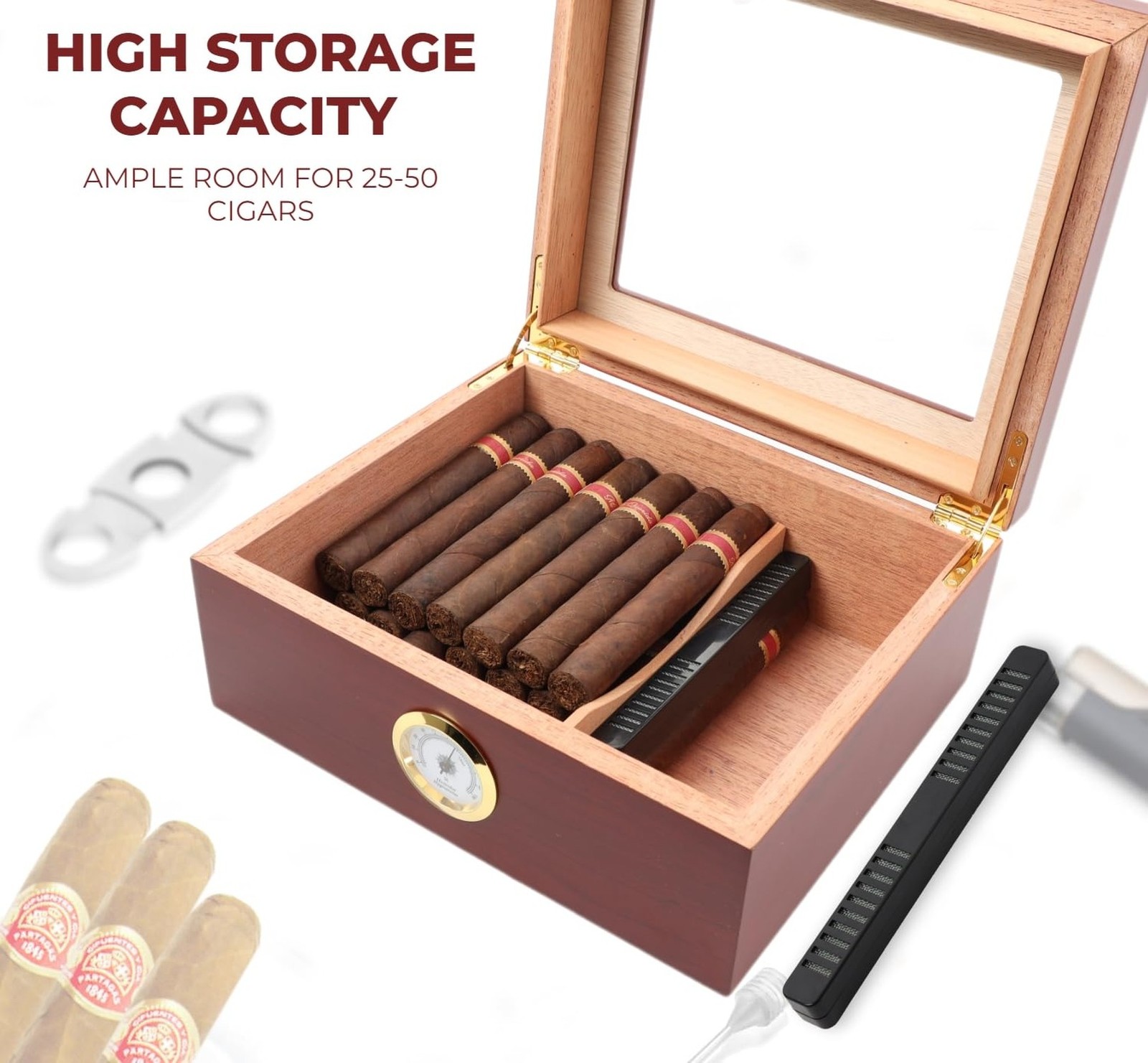 Mantello Cigars Humidor, Glass-Top Cigar Humidors, Humidor Box for 25-50 Ciga…