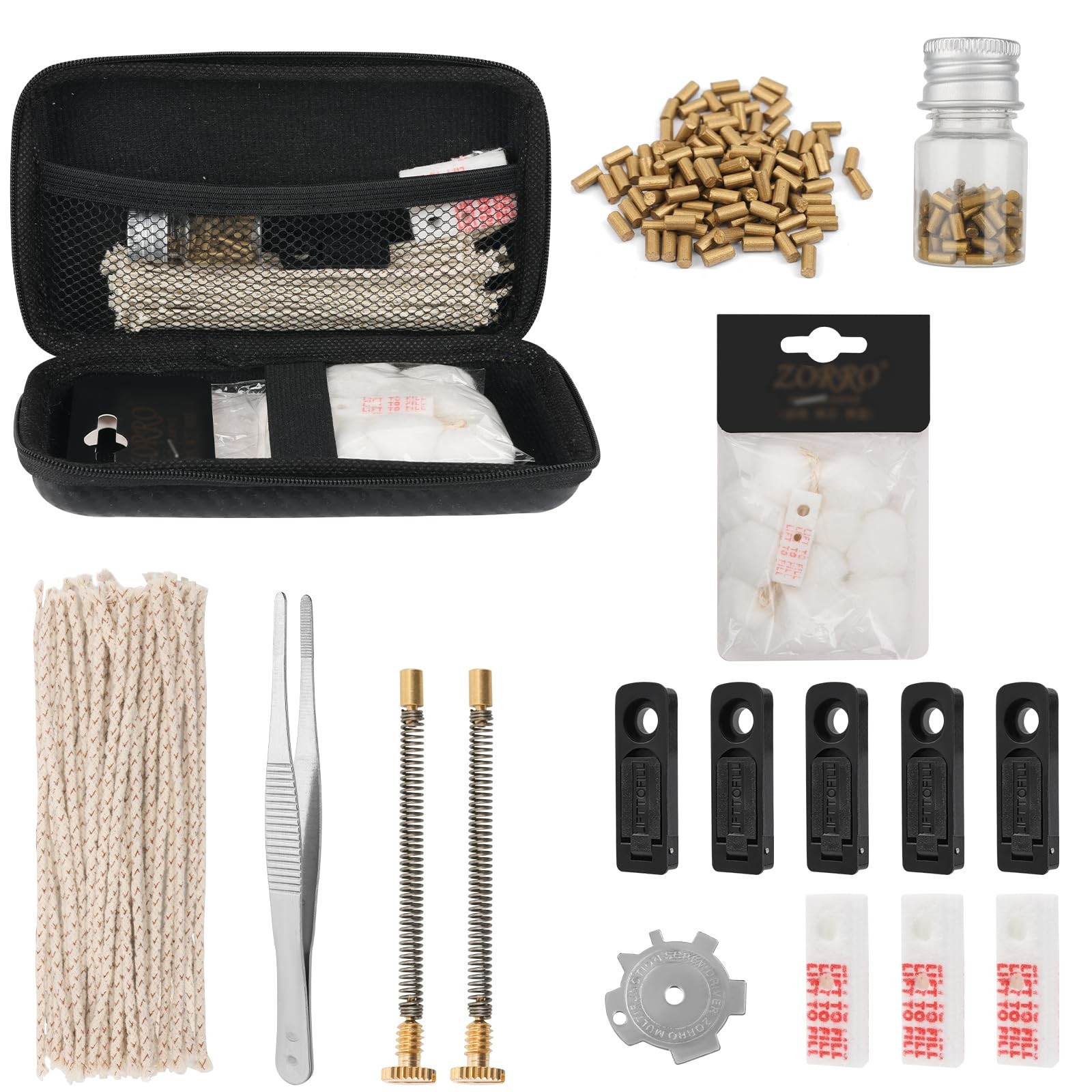 Lighter Repair Kit, with Flints, Wicks, Cotton, Screws & Felt Pads – Black