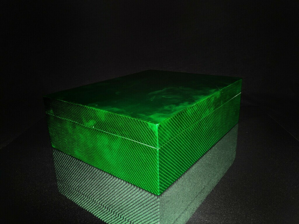 Green Carbon Fiber Humidor Measures 13 1/2 ” L x 10 3/4″ W x 4 3/8 ” H