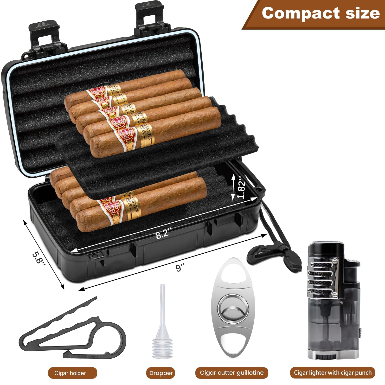 Flauno Travel Cigar Humidor Holds up to 10 Cigars with Lighter, Black