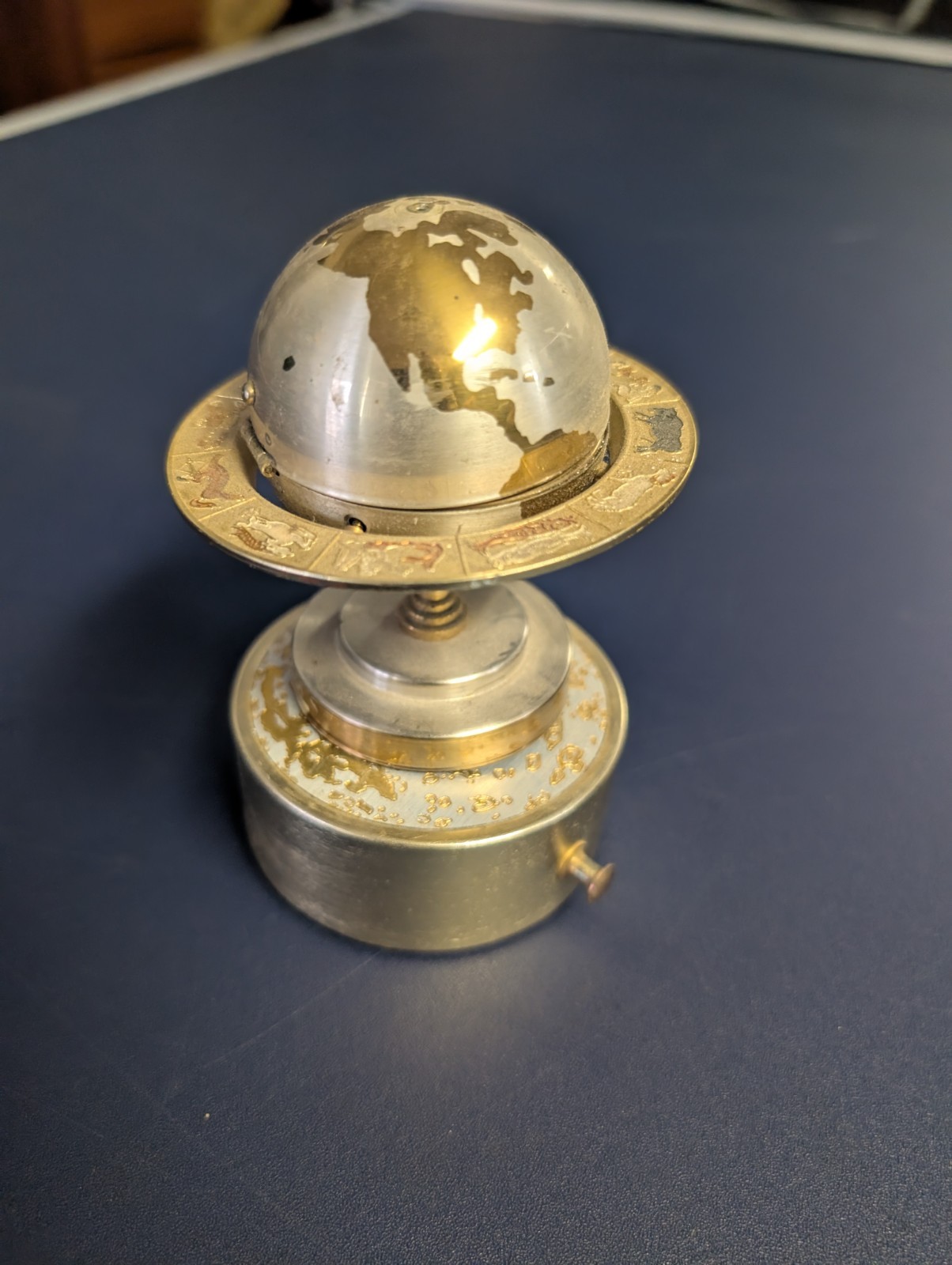 Vintage Brass Mid-Century Modern World Globe Cigarette Lighter/Music Box