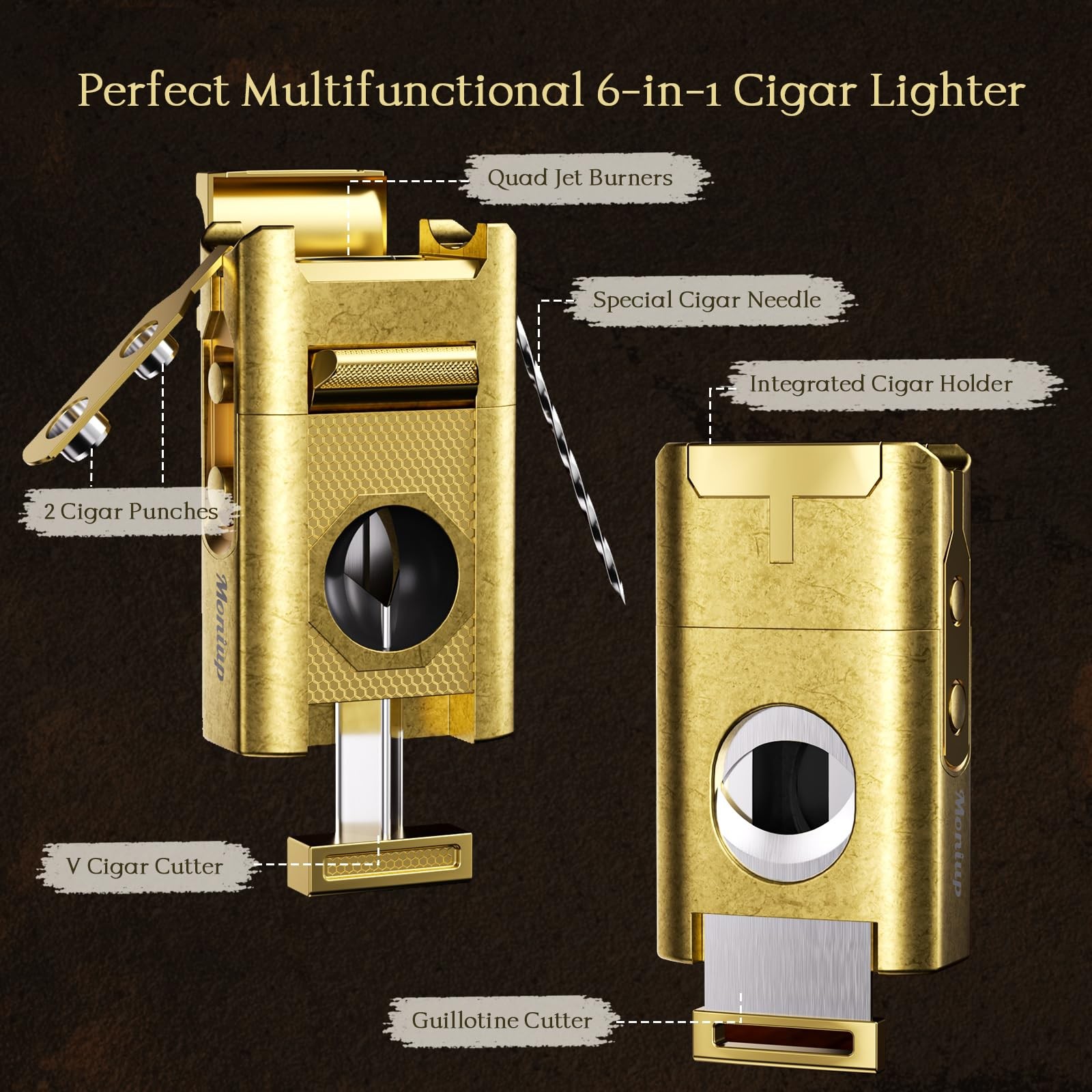 6-in-1 Cigar Torch Lighter, with Straight&V Cigar Cutter, 2 Cigar Punches, Ci…