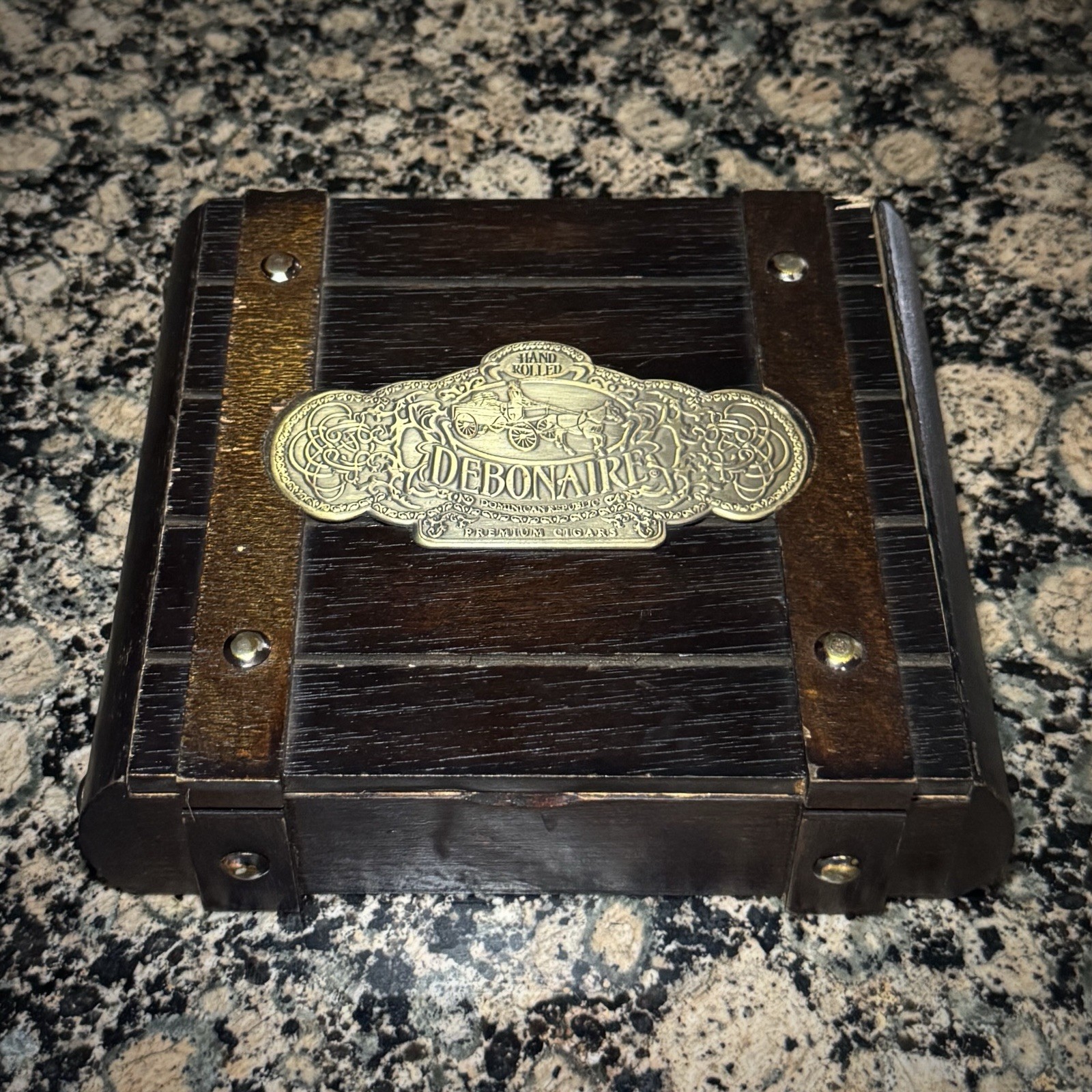 Debonaire Handmade Wooden Cigar Box 7in x 6in x 2in Brown with Metal Accents
