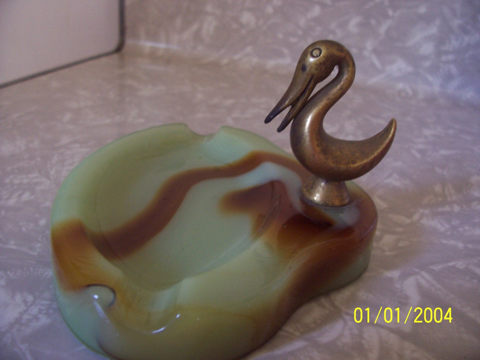 Antique Houze Art Deco Green Slag Glass Ashtray With Brass Bird