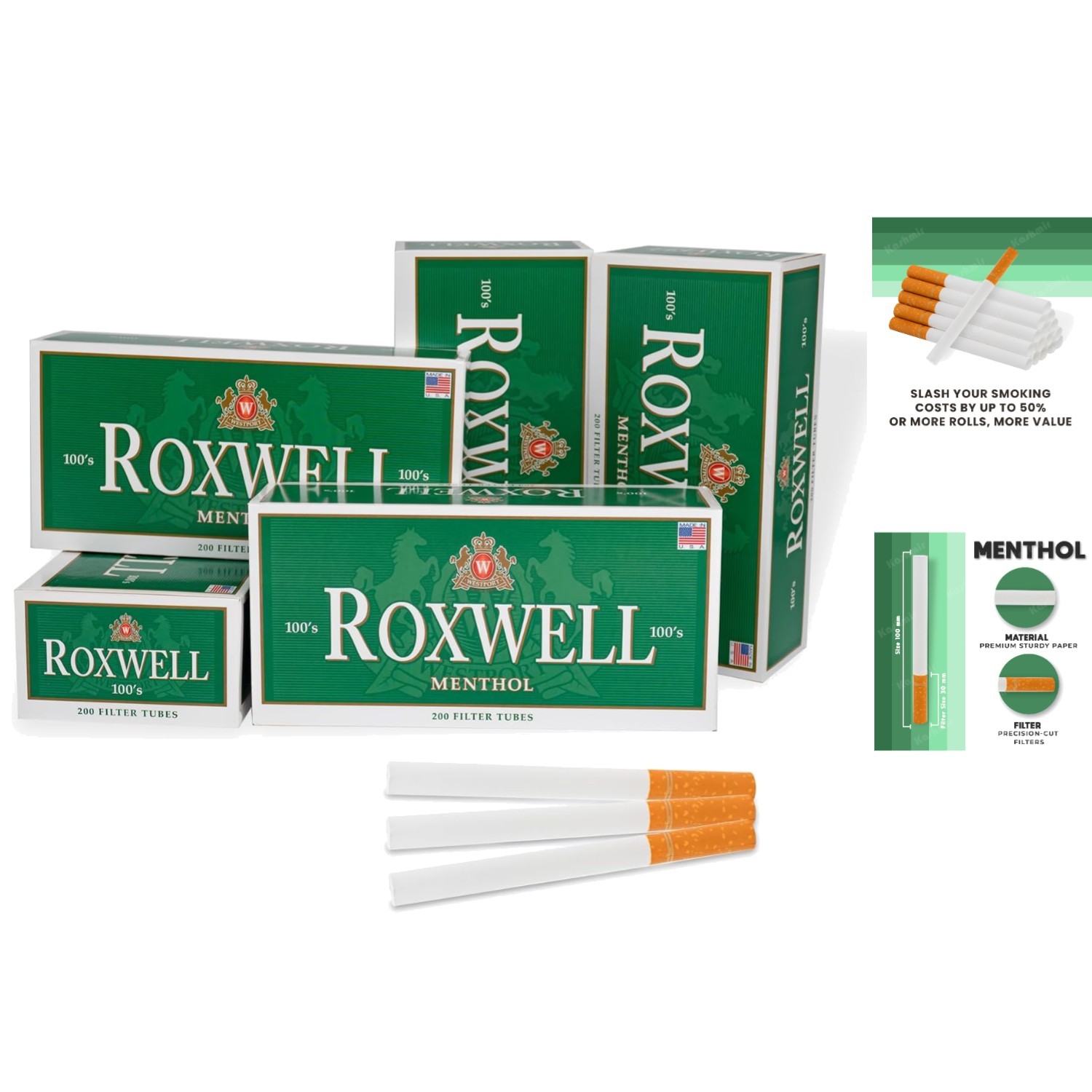 Natural Roxwell Cigarette Tubes Menthol 100mm – 1000 Count, No Chemicals Added