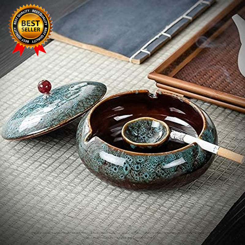 5.7″ Ceramic Ashtray with Lids Windproof Cigarette Ashtray for Indoor or Outdoor
