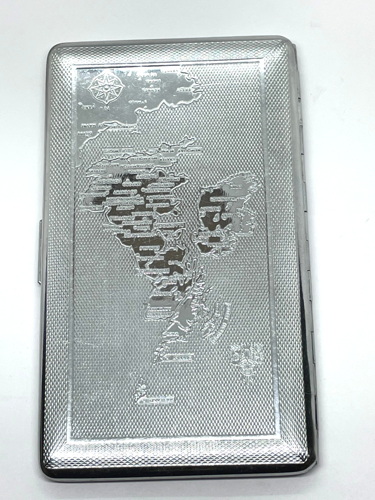 VTG MAYELL Silver/Chrome Cigarette Case Map England Ireland Scotland France UK