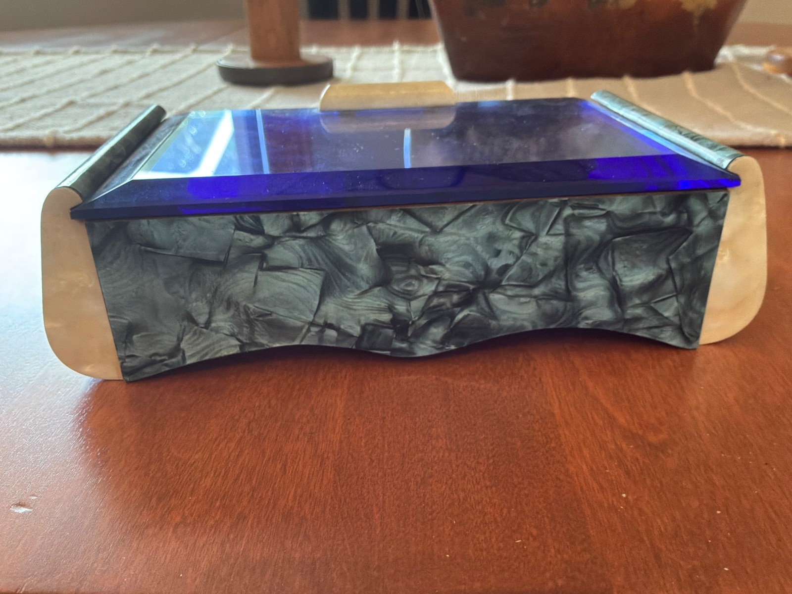 MCM 1960’s Blue Glass Top Table Humidor/ Cigarette Box Marked CIGARROS “RARE”