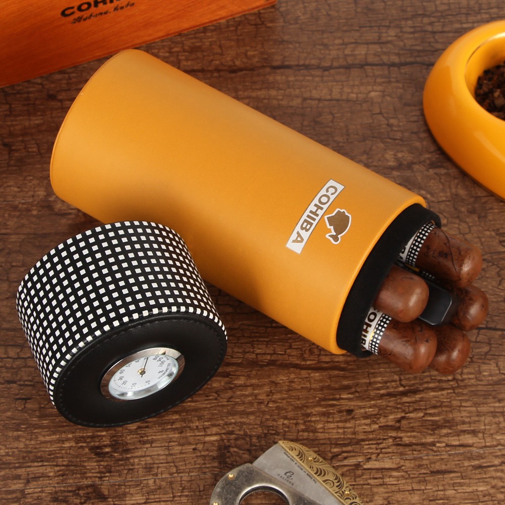 Travel Humidor Cigar Case Holder 3 Torch Jet Flame Butane Cigar Lighter Yellow