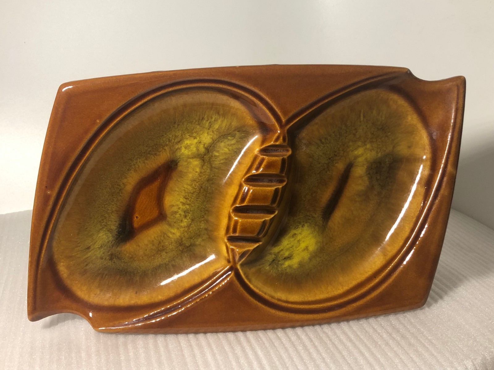Vintage Japan Dual Sides Ashtray Brown & Gold Ceramic Asymmetrical 10″x6″