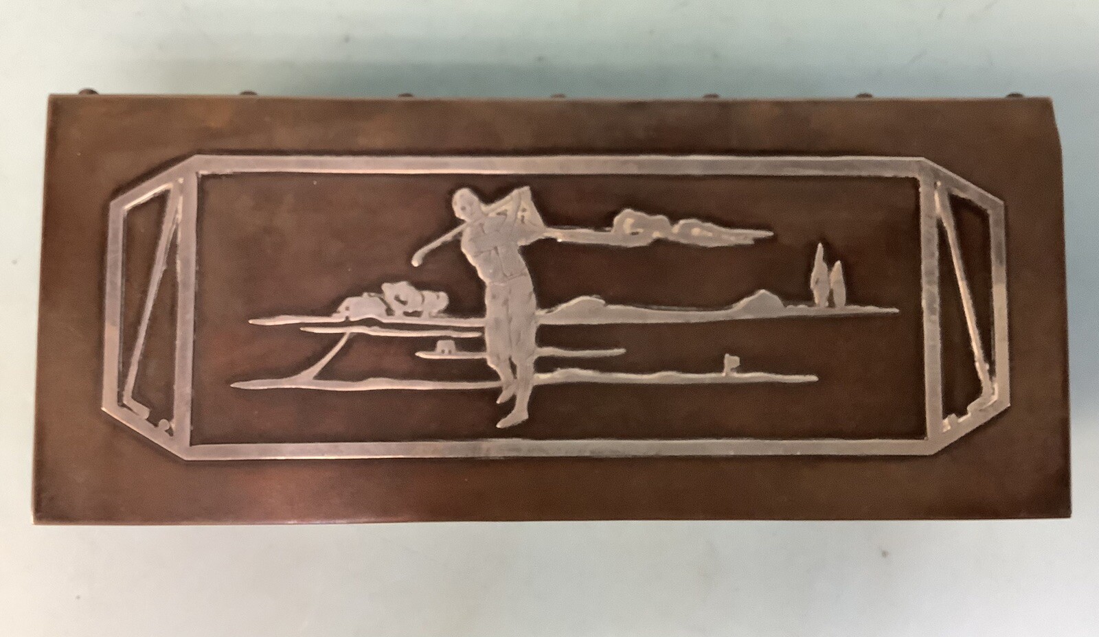 Golfer Cigar Humidor Silver Inlay on Bronze 8.5”x3.5”x2.5”