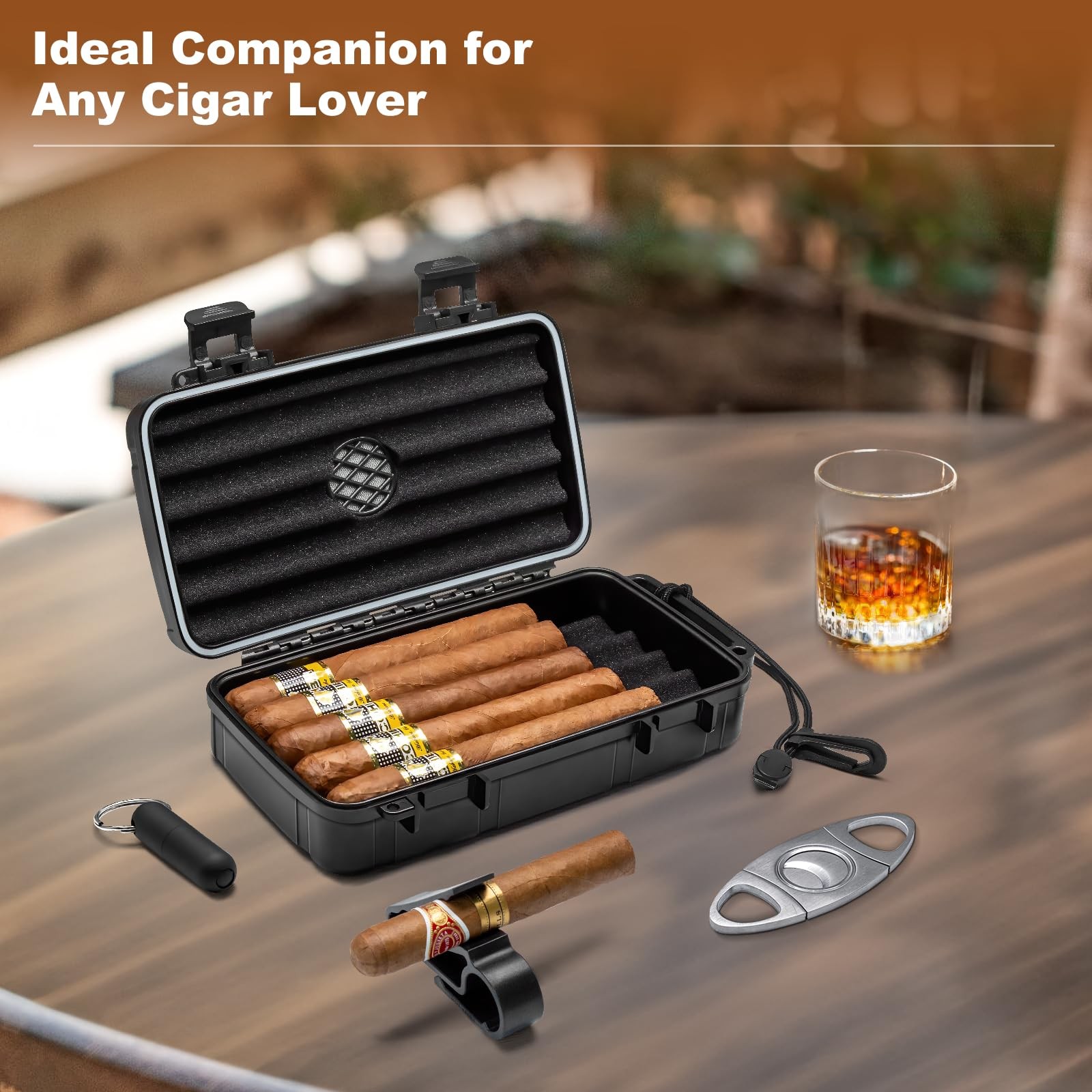 Flauno Travel Cigar Humidor Holds up to 10 Cigars with Lighter, Black